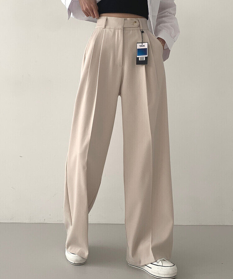 가로버튼 안단추 핀턱 롱와이드 슬랙스팬츠 베이지