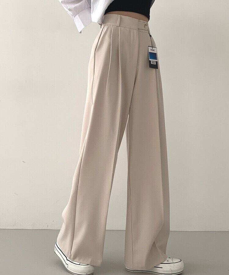 가로버튼 안단추 핀턱 롱와이드 슬랙스팬츠 베이지