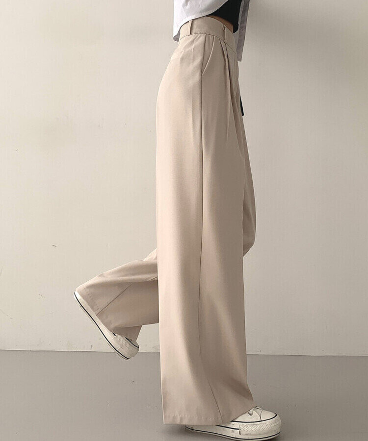 가로버튼 안단추 핀턱 롱와이드 슬랙스팬츠 베이지