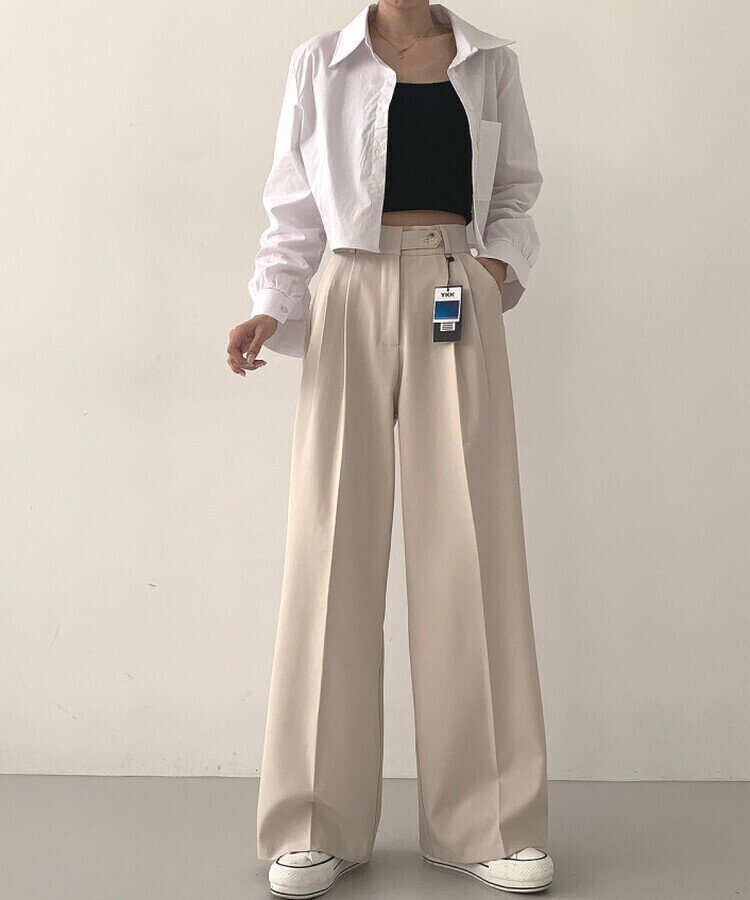 가로버튼 안단추 핀턱 롱와이드 슬랙스팬츠 베이지