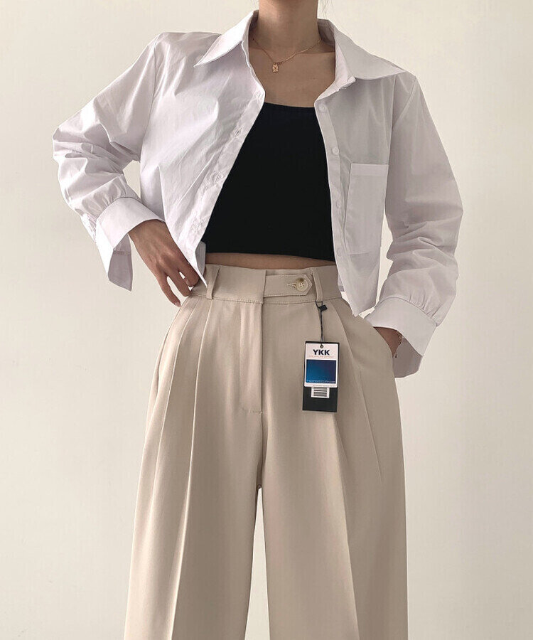 가로버튼 안단추 핀턱 롱와이드 슬랙스팬츠 베이지