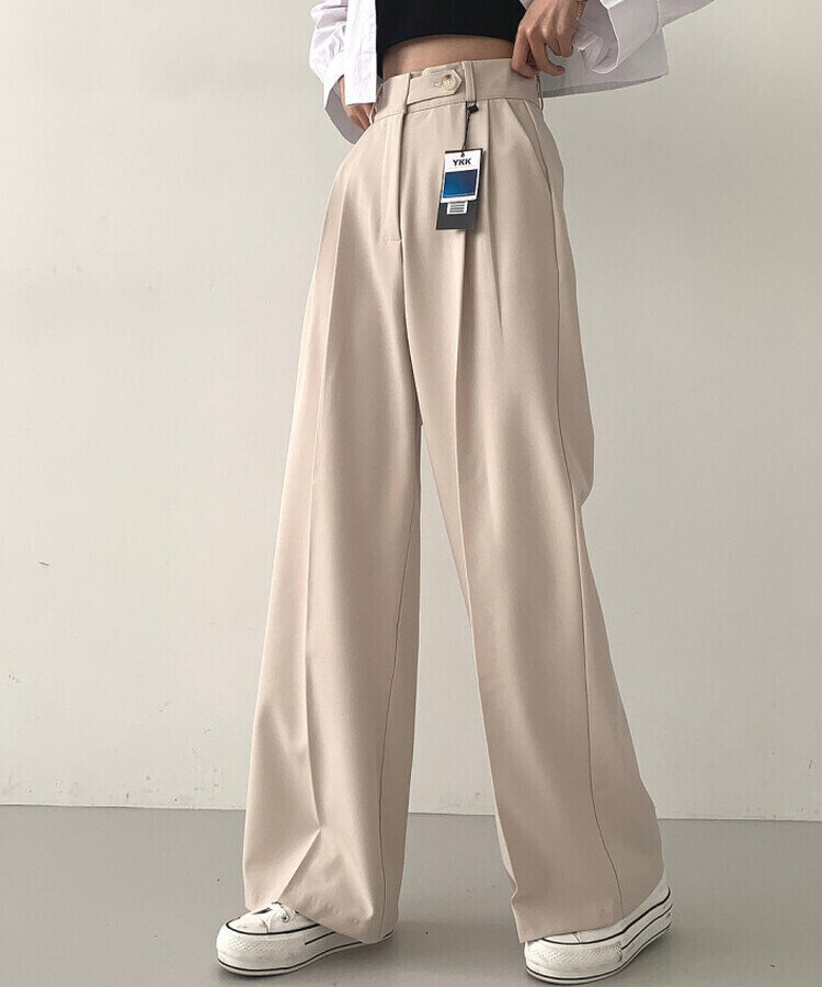 가로버튼 안단추 핀턱 롱와이드 슬랙스팬츠 베이지