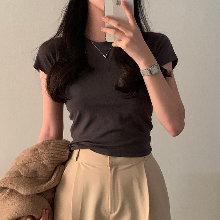 ベーシックスリムクロップTシャツ チャコール