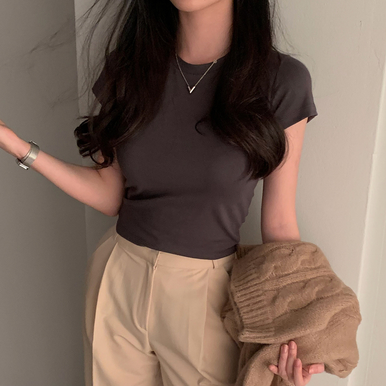 ベーシックスリムクロップTシャツ チャコール