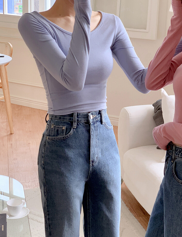 [기획] 쫀쫀 여리핏 유넥 크롭 티셔츠 스카이블루