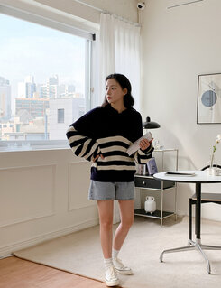 ストライプカラーネックニットジップアップ ネイビー