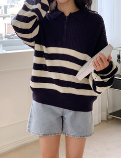 ストライプカラーネックニットジップアップ ネイビー