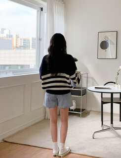 ストライプカラーネックニットジップアップ ネイビー