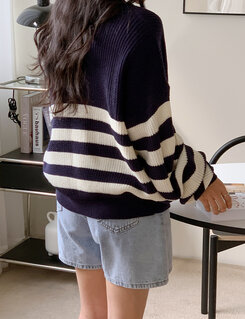 ストライプカラーネックニットジップアップ ネイビー