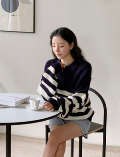 ストライプカラーネックニットジップアップ ネイビー