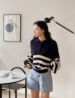 ストライプカラーネックニットジップアップ ネイビー