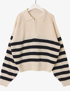 ストライプカラーネックニットジップアップ
