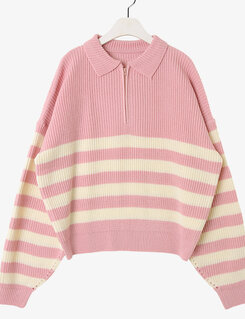 ストライプカラーネックニットジップアップ