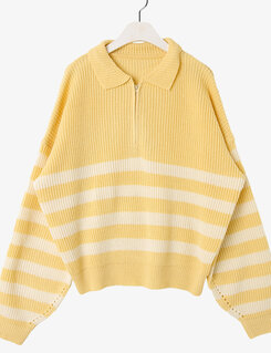 ストライプカラーネックニットジップアップ