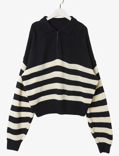 ストライプカラーネックニットジップアップ
