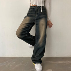 ロングパンツ ビンテージウォッシングワイドデニムパンツ ブラック