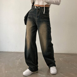 ロングパンツ ビンテージウォッシングワイドデニムパンツ ブラック
