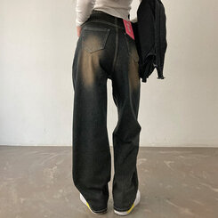 ロングパンツ ビンテージウォッシングワイドデニムパンツ ブラック