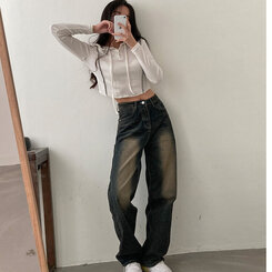 ロングパンツ ビンテージウォッシングワイドデニムパンツ ブラック