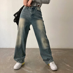 ロングパンツ ビンテージウォッシングワイドデニムパンツ ライトブルー