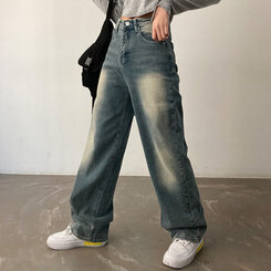 ロングパンツ ビンテージウォッシングワイドデニムパンツ ライトブルー