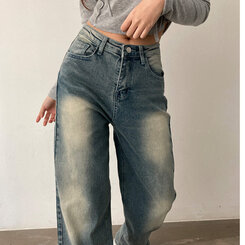ロングパンツ ビンテージウォッシングワイドデニムパンツ ライトブルー