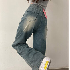 ロングパンツ ビンテージウォッシングワイドデニムパンツ ライトブルー