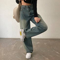 ロングパンツ ビンテージウォッシングワイドデニムパンツ ブルー