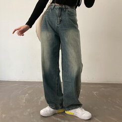ロングパンツ ビンテージウォッシングワイドデニムパンツ ブルー