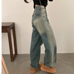 ロングパンツ ビンテージウォッシングワイドデニムパンツ ブルー