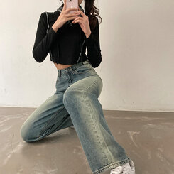 ロングパンツ ビンテージウォッシングワイドデニムパンツ ブルー