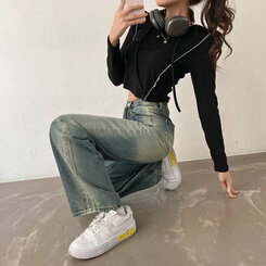 ロングパンツ ビンテージウォッシングワイドデニムパンツ ブルー