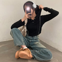 ロングパンツ ビンテージウォッシングワイドデニムパンツ ブルー