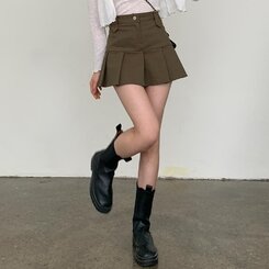 ハーフプリーツバックゴムミニスカート KHAKI