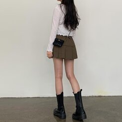 ハーフプリーツバックゴムミニスカート KHAKI