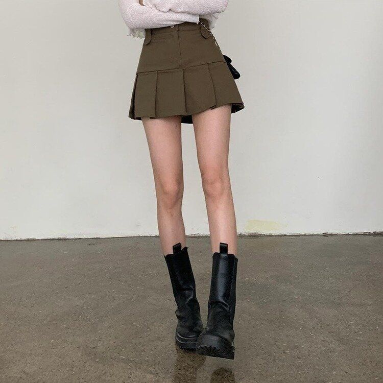 ハーフプリーツバックゴムミニスカート KHAKI