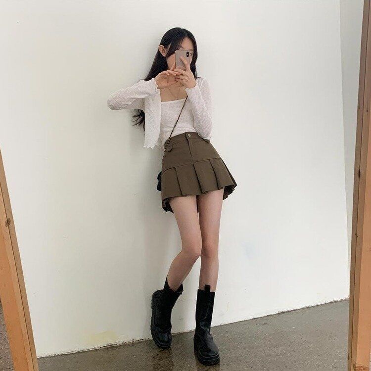 ハーフプリーツバックゴムミニスカート KHAKI