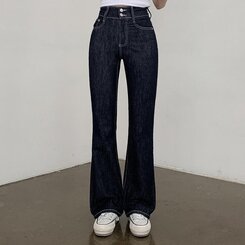 ユニークな斜めラインブーツカットデニムパンツ (S~L) 2色 O4295 選べる着丈] スリットスパンセミブーツカットデニムパンツ