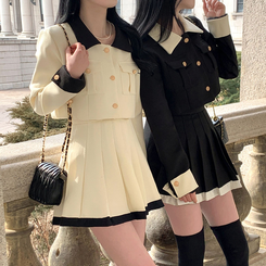 SET]配色ゴールドボタンジャケット プリーツミニスカート｜ツーピース