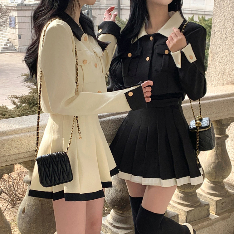SET]配色ゴールドボタンジャケット プリーツミニスカート｜ツーピース