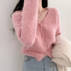ソフトVネックニットカーディガン7色 ピンク
