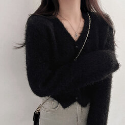 ソフトVネックニットカーディガン7色 ブラック