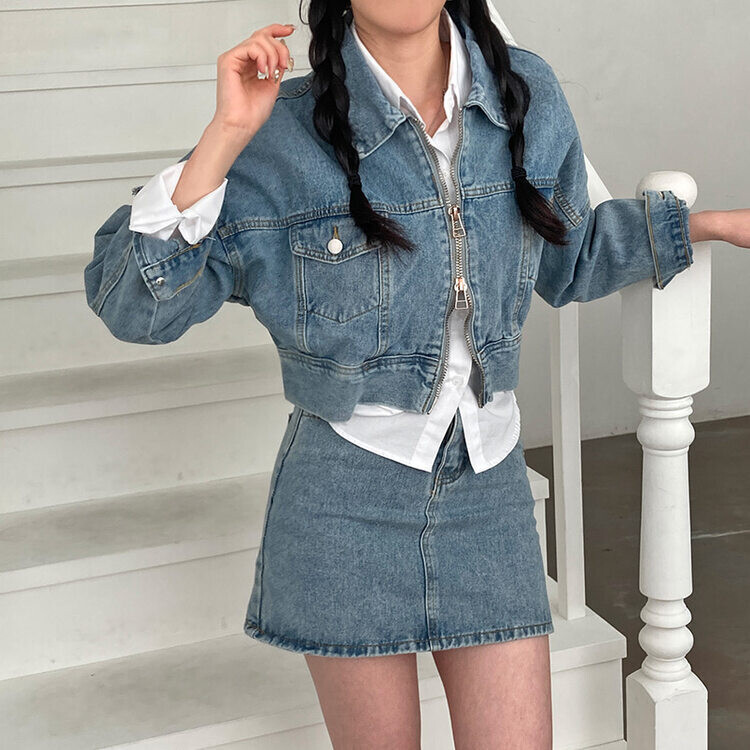 クロップデニムジャケット+Aラインミニスカート(SET・単品可能