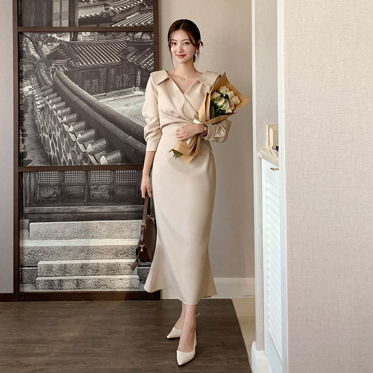 カシュクールマーメイドロングワンピース Beige