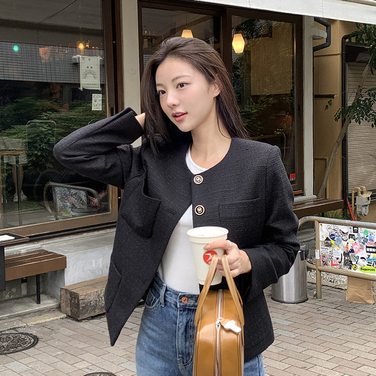 新品ルネピンク×紺系リボンツイードジャケット38号11号 Lサイズショート丈 大きいサイズ/11号サイズあり】ストレッチツイードジャケット