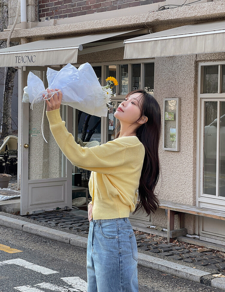 (11컬러) 허리잘록 폭닥 브이넥 니트 가디건 옐로우