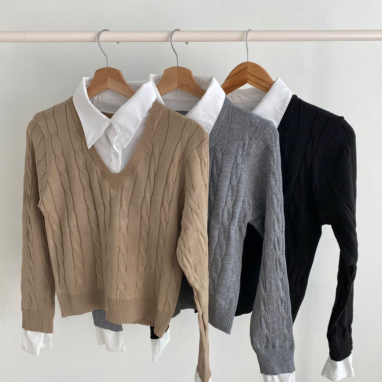 bubbles レイヤードスクールニット 韓国 シャツニット bubbles レイヤードスクールニット 韓国 シャツニット レイヤード風