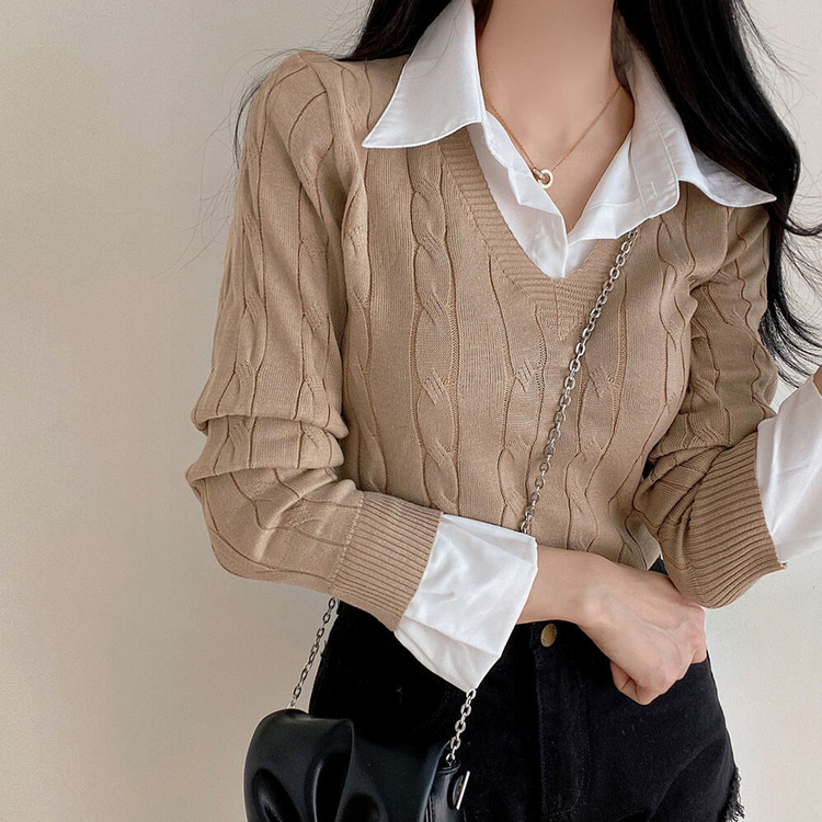 ケーブルVネックシャツレイヤードニット｜ニット｜韓国