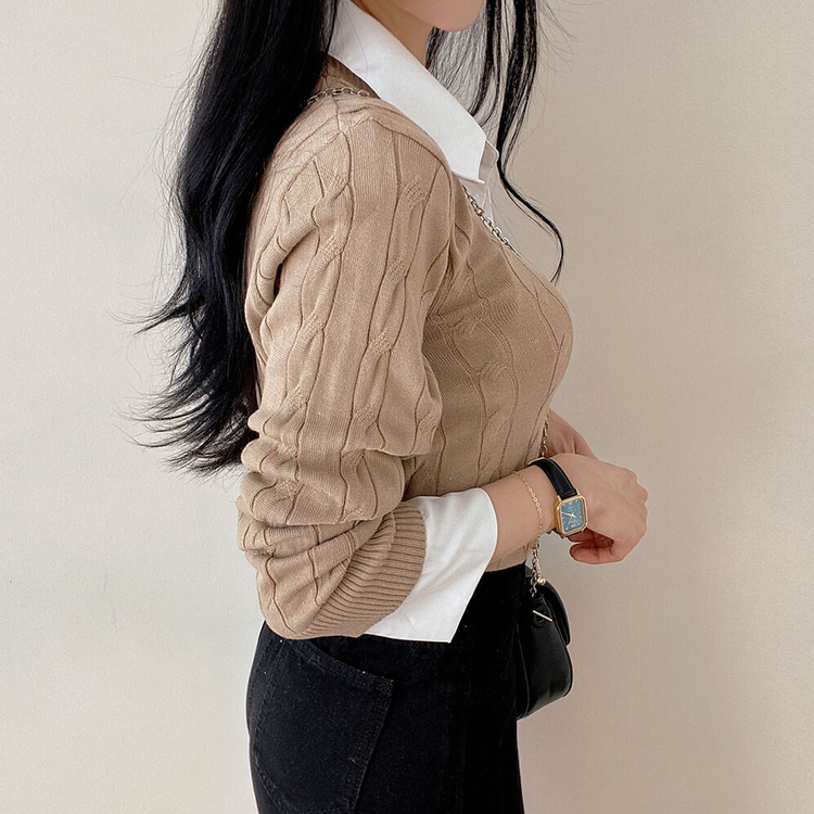 ケーブルVネックシャツレイヤードニット｜ニット｜韓国ファッション