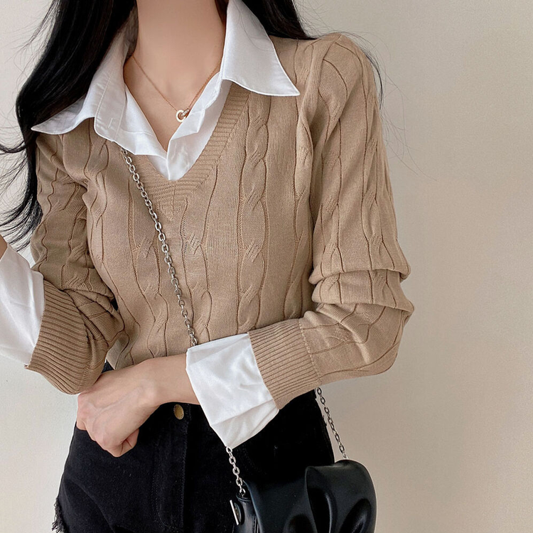 ケーブルVネックシャツレイヤードニット｜ニット｜韓国ファッション